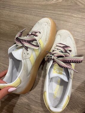 adidas Samba Cream & Yellow Suede Platform Sneakers with Pink-Patterned Laces